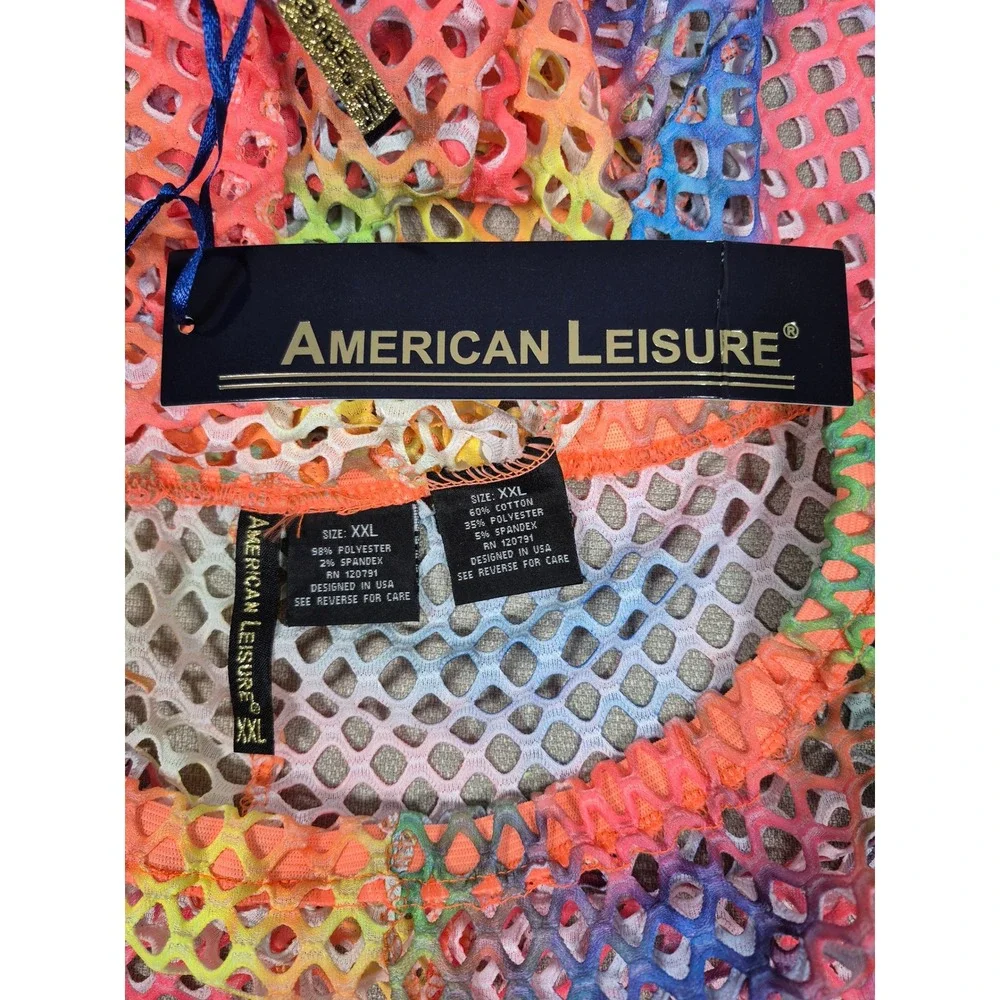 American Leisure Rainbow Tie Dye Fishnet Crop Top and Shorts Set XXL New